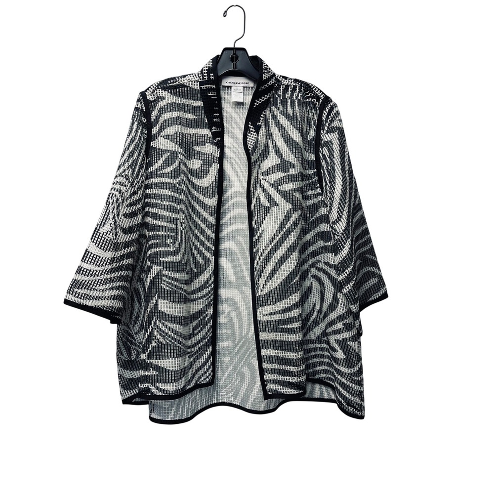 Caroline Rose L Black White Mesh Zebra Open Front Layer Jacket Silk Artsy Chic